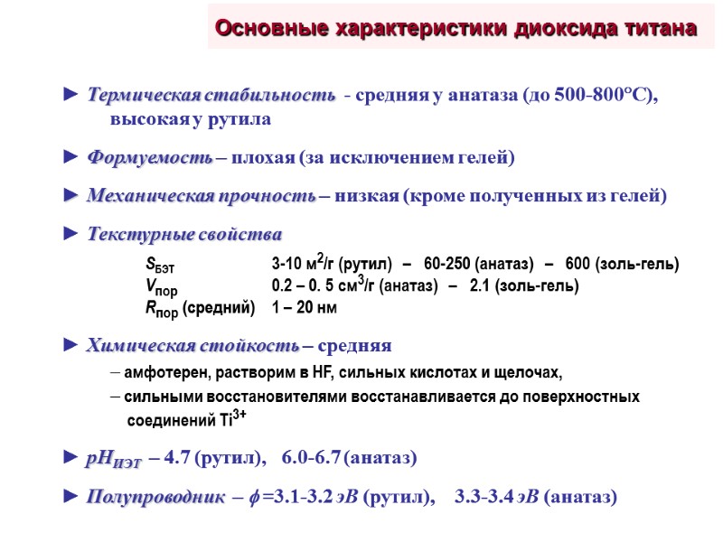 Основные характеристики диоксида титана ► Термическая стабильность  - средняя у анатаза (до 500-800С),